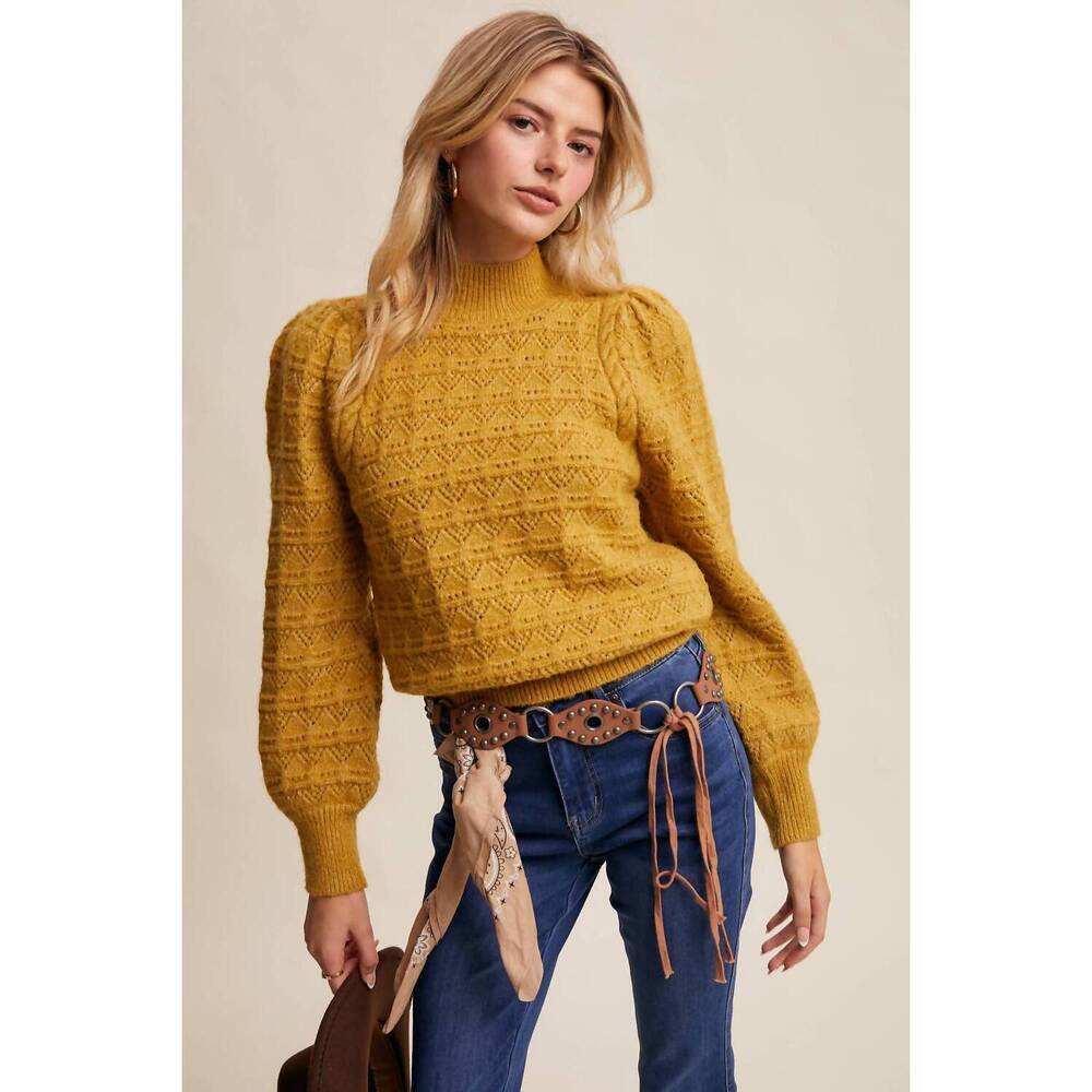 NEW LISTICLE pointelle puff sleeve sweater in lemon grass